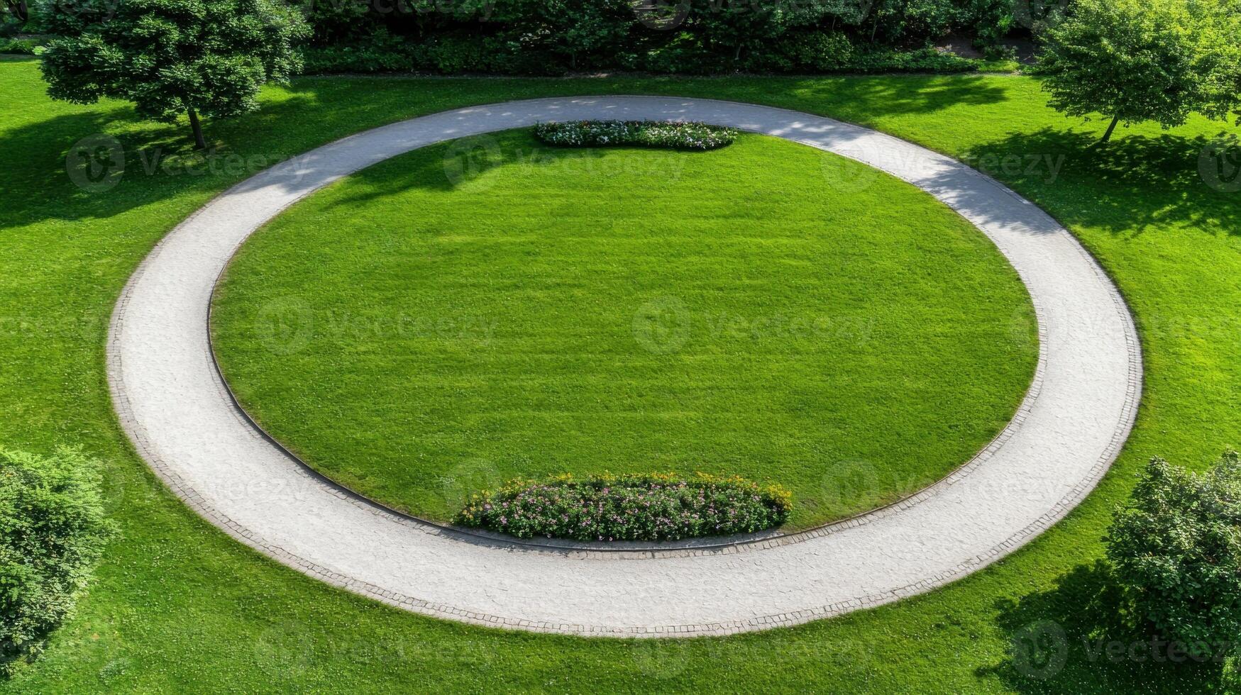 Aerial view of a circular garden path surrounding a lush green lawn photo