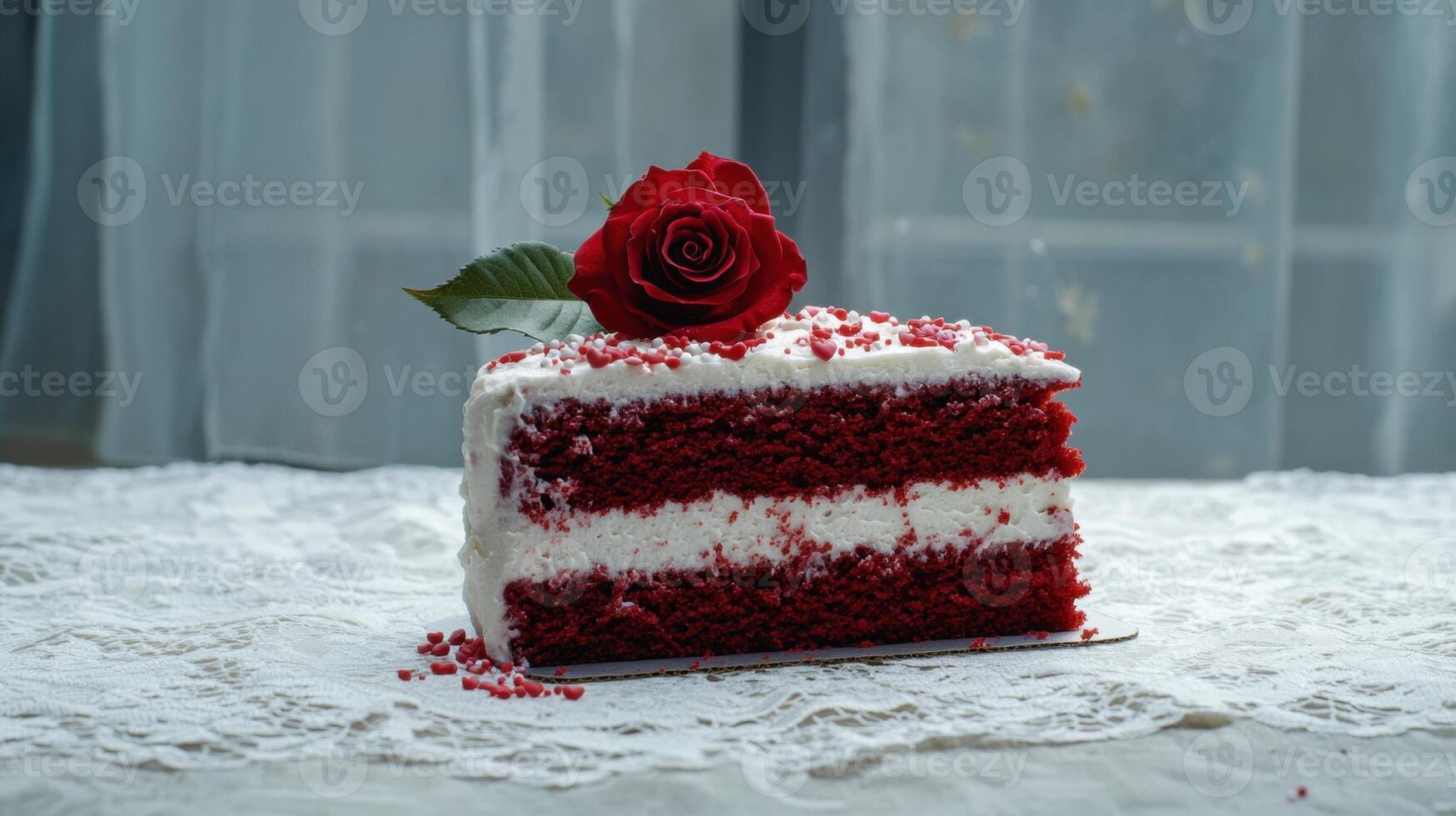 Delicious red velvet cake slice with cream cheese frosting and a single red rose on top photo