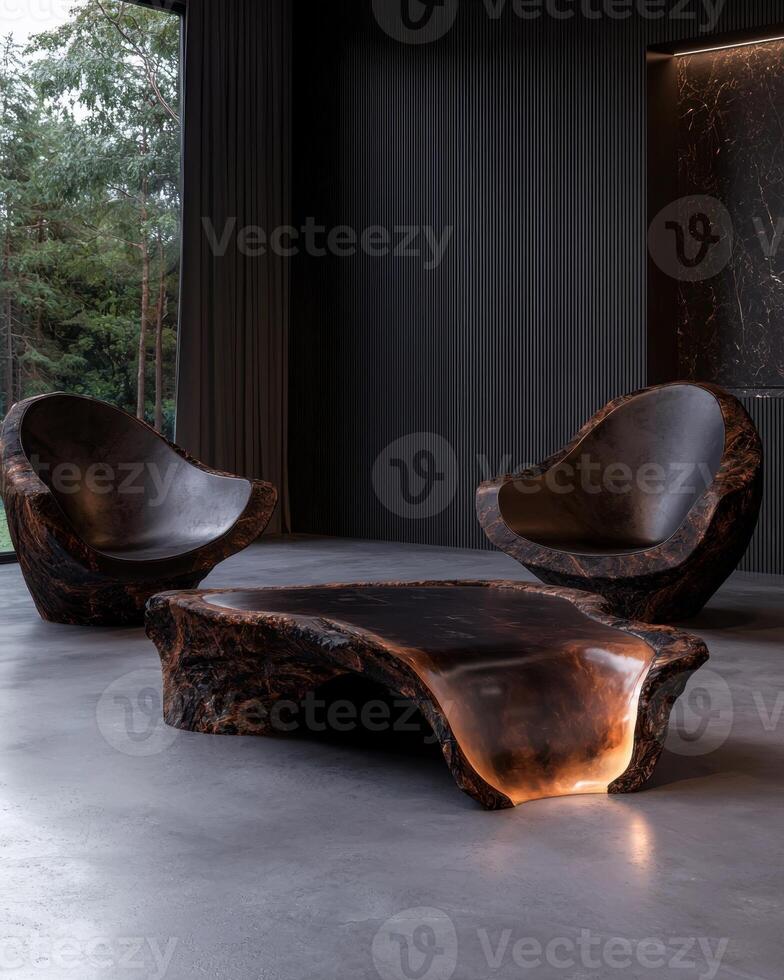 Modern minimalist living room with wooden furniture. photo