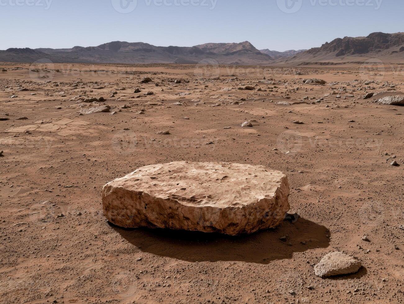 A large rock rests on the surface of a desolate planet photo