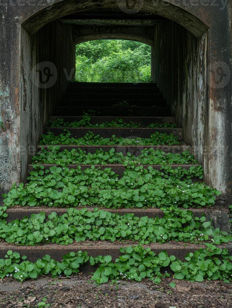 Overgrown stone steps leading to a lush green forest photo