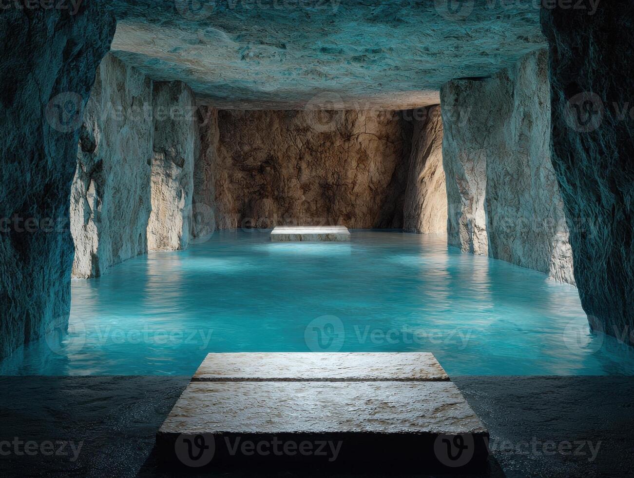 Subterranean pool with stone platforms in a mystical cave photo