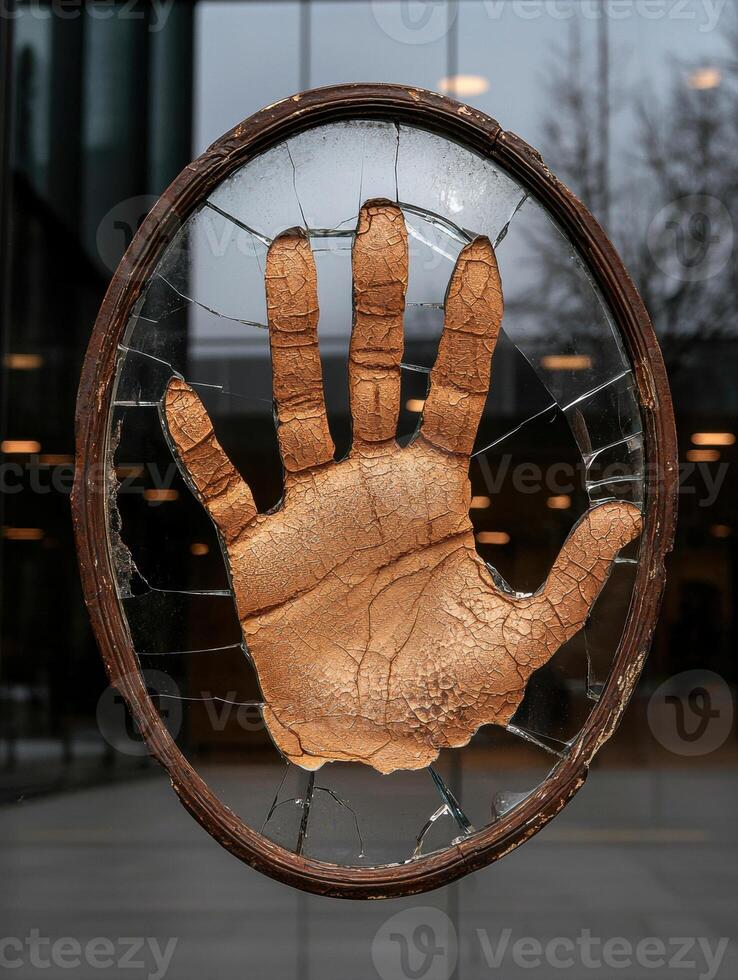 Broken glass frame with a handprint photo