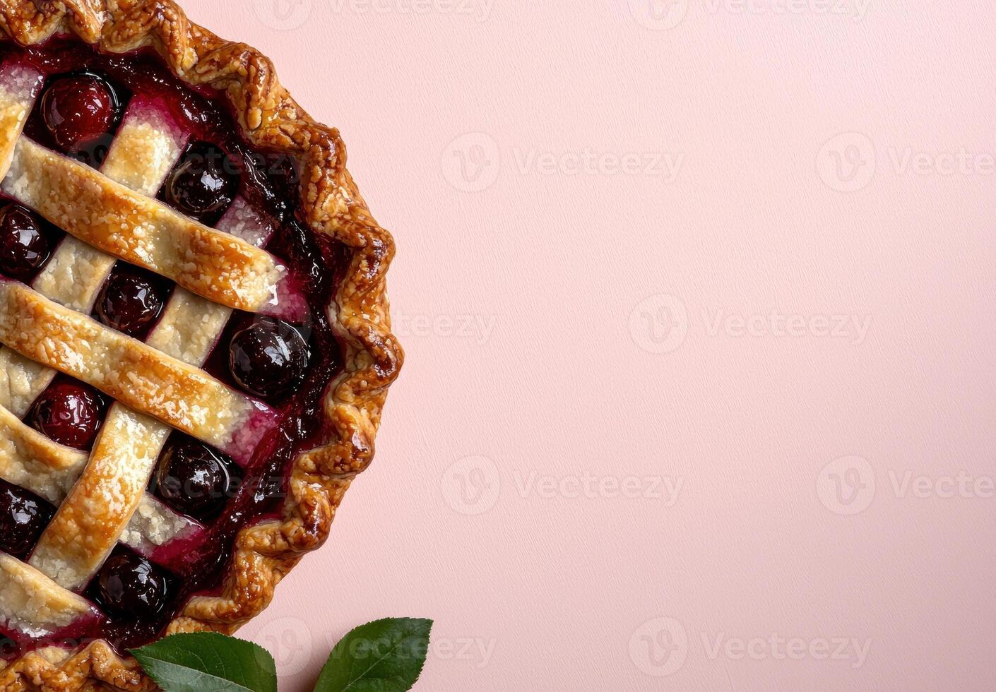 Close up of a delicious homemade cherry pie on a pink background photo