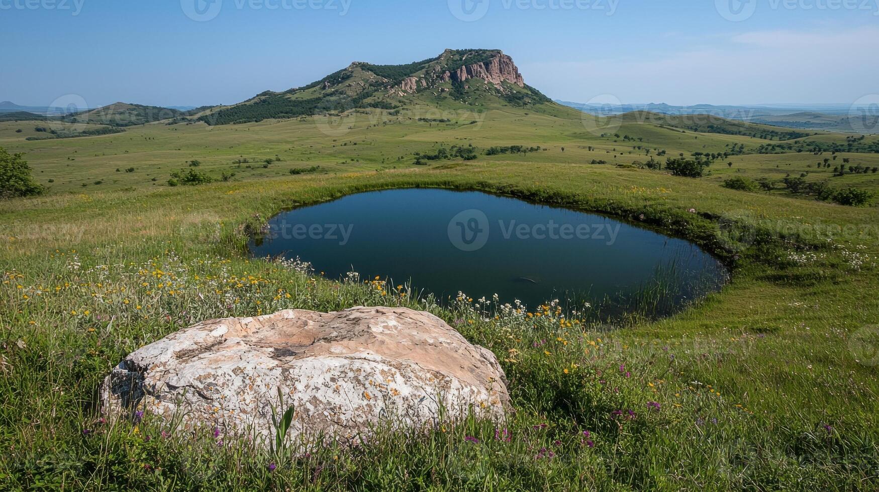 Serene landscape with a tranquil pond and a majestic mountain in the background photo