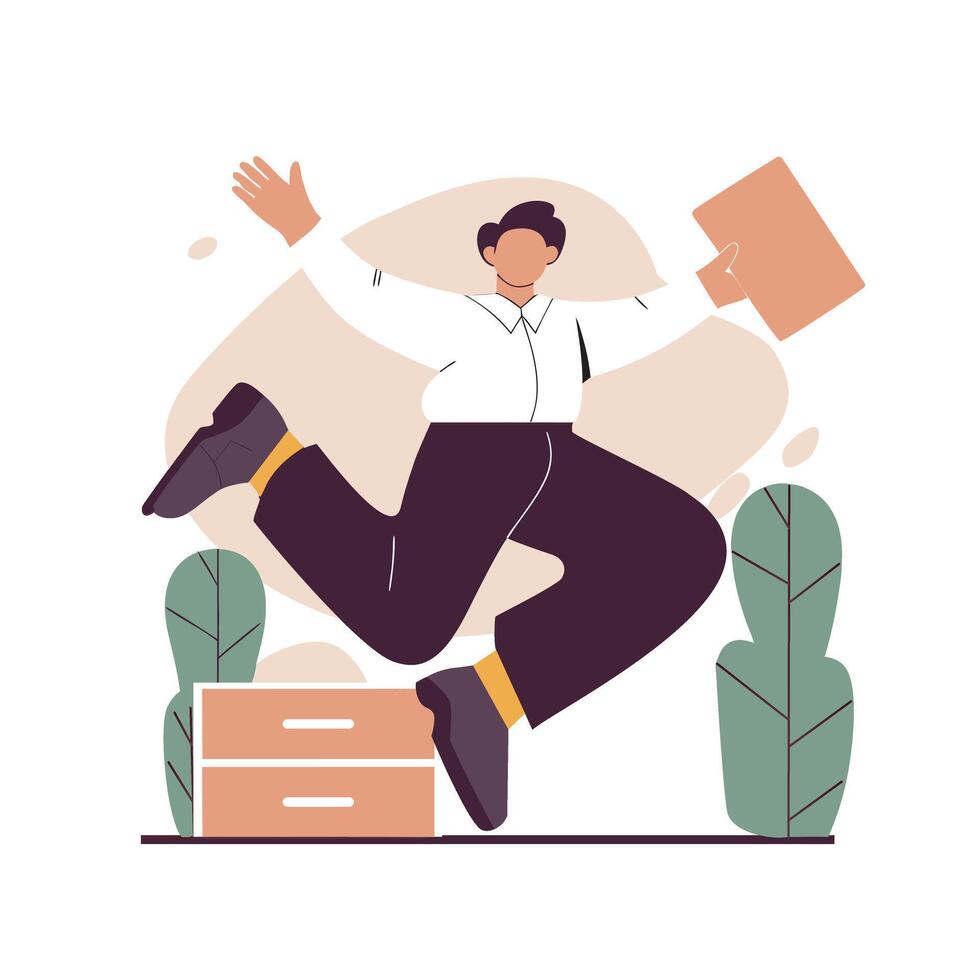 Happy business employee - character of a men jumping in the air cheerfully. Modern flat concept illustration of a happy jumping office worker. Feeling and emotion concept. vector