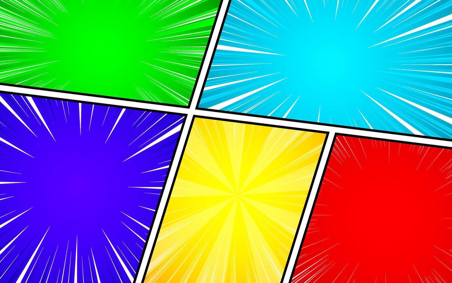 Colorful frame comic book page template with rays, radial, halftone effects in pop art style. vector