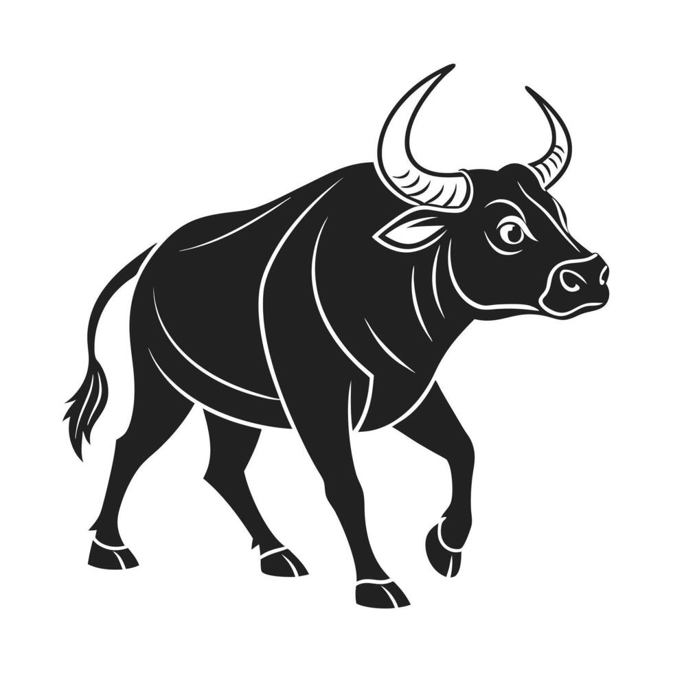 black and white silhouette of a cow grazing in a field. vector