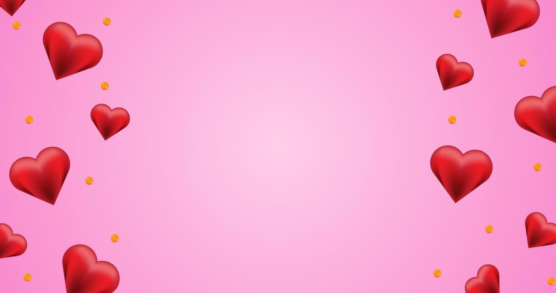 red hearts with gold balls falling in pink background template for valentine, banners, events vector
