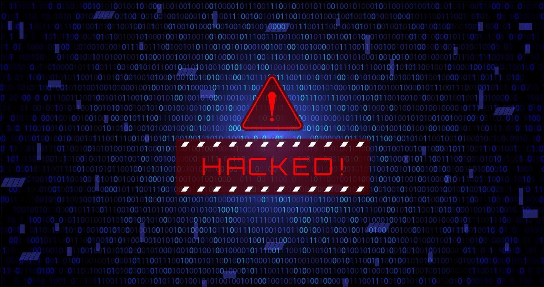red hacked warring sign in blue data matrix falling binary numbers background banner template for cyber attacks, hacks vector
