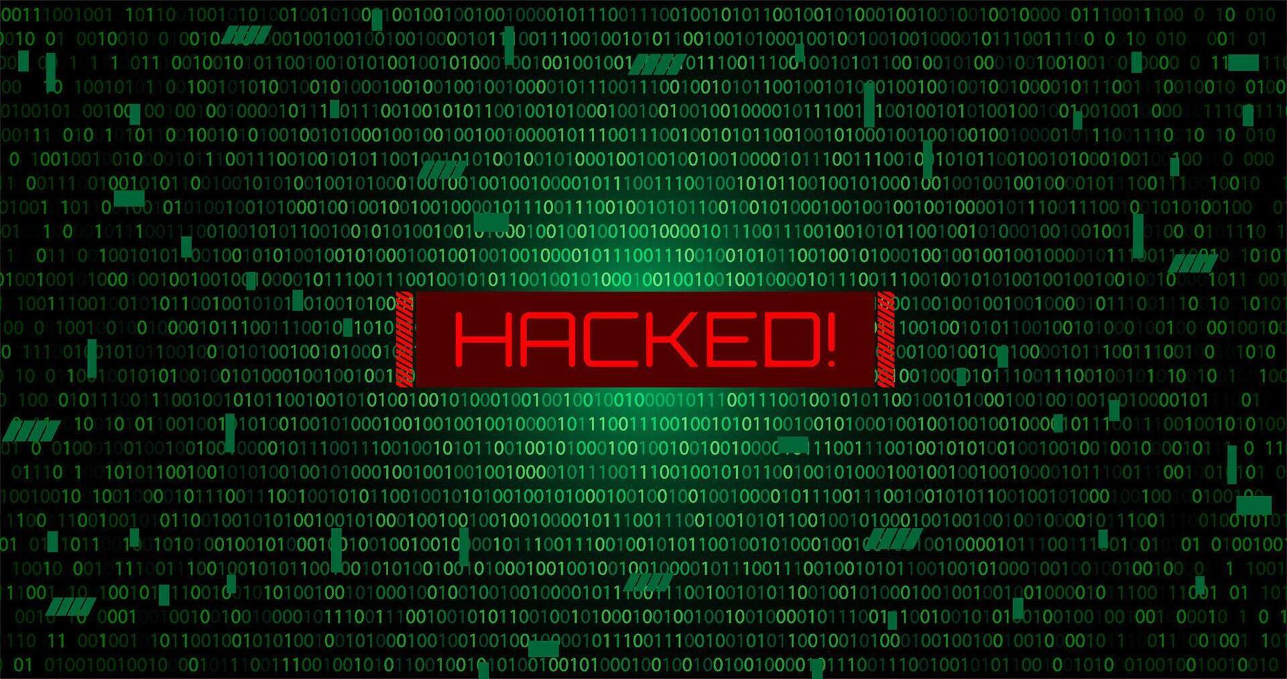 red cyber hack notification alert in green matrix binary data falling with corrupted data lines background banner template vector