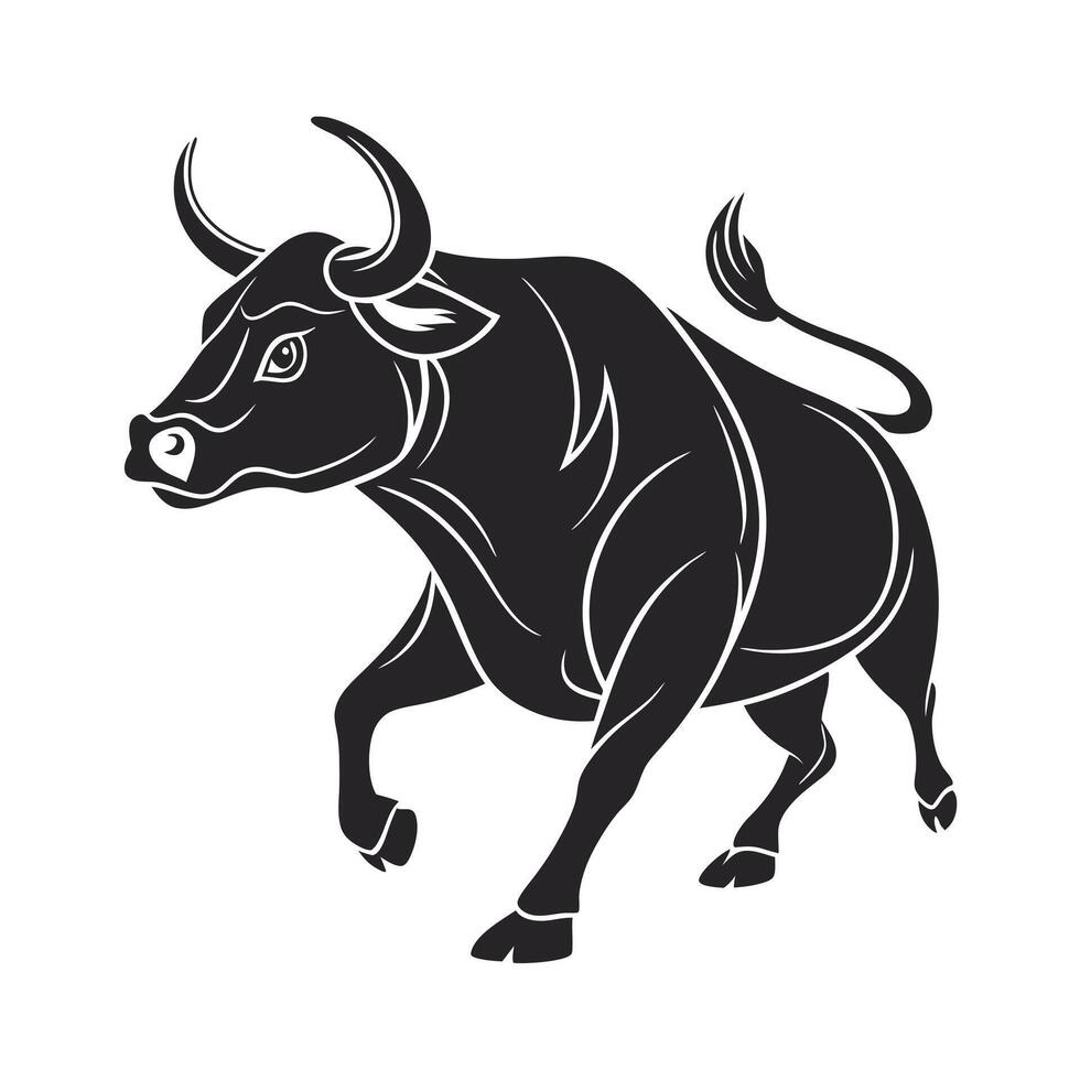 A stylized, black and white silhouette of a cartoon bull in a dynamic pose. vector