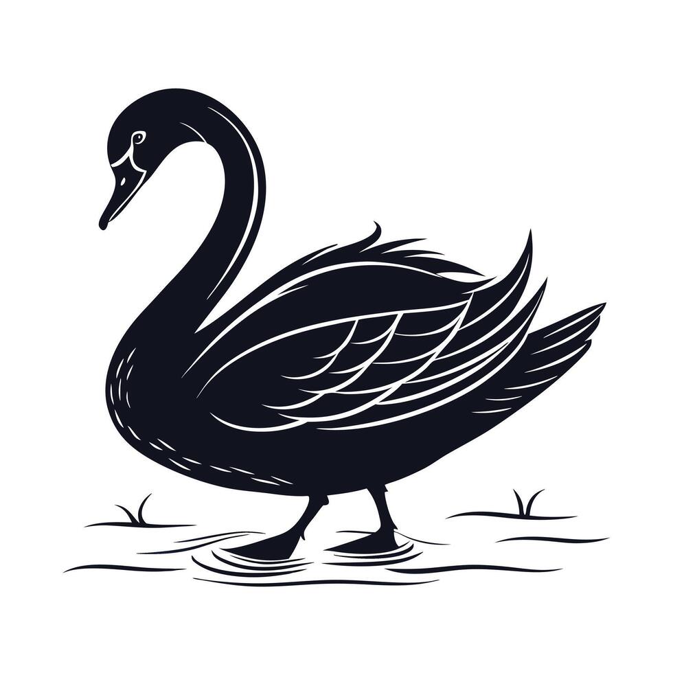Elegant Black and White Silhouette of a Duck in Lush Grass vector