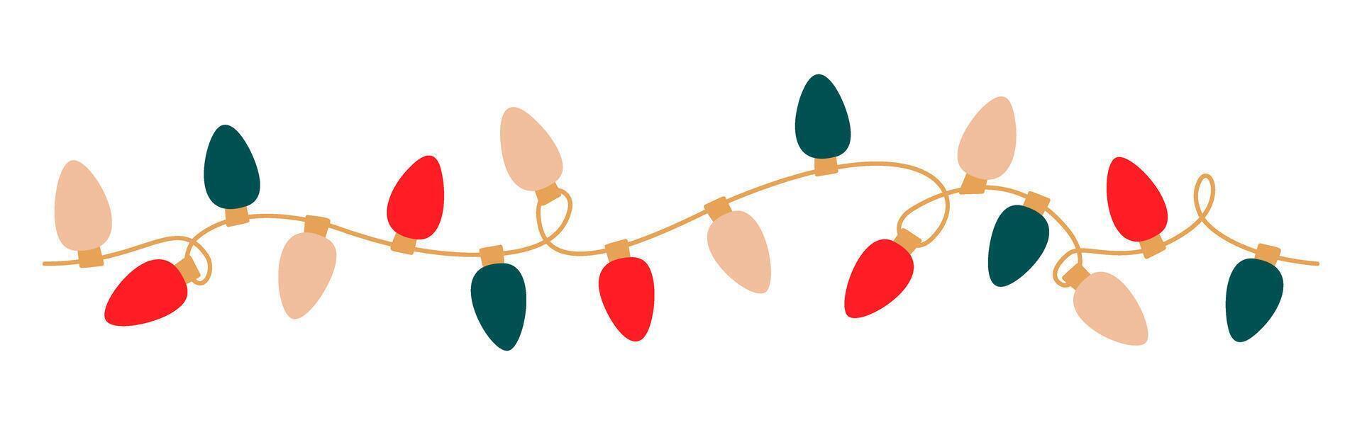 Christmas lights garland with colored bulbs. Glowing Xmas festive tangled string decoration with hanging retro lamps lightbulb for holiday cards, banners, posters, web. Isolated illustration. vector