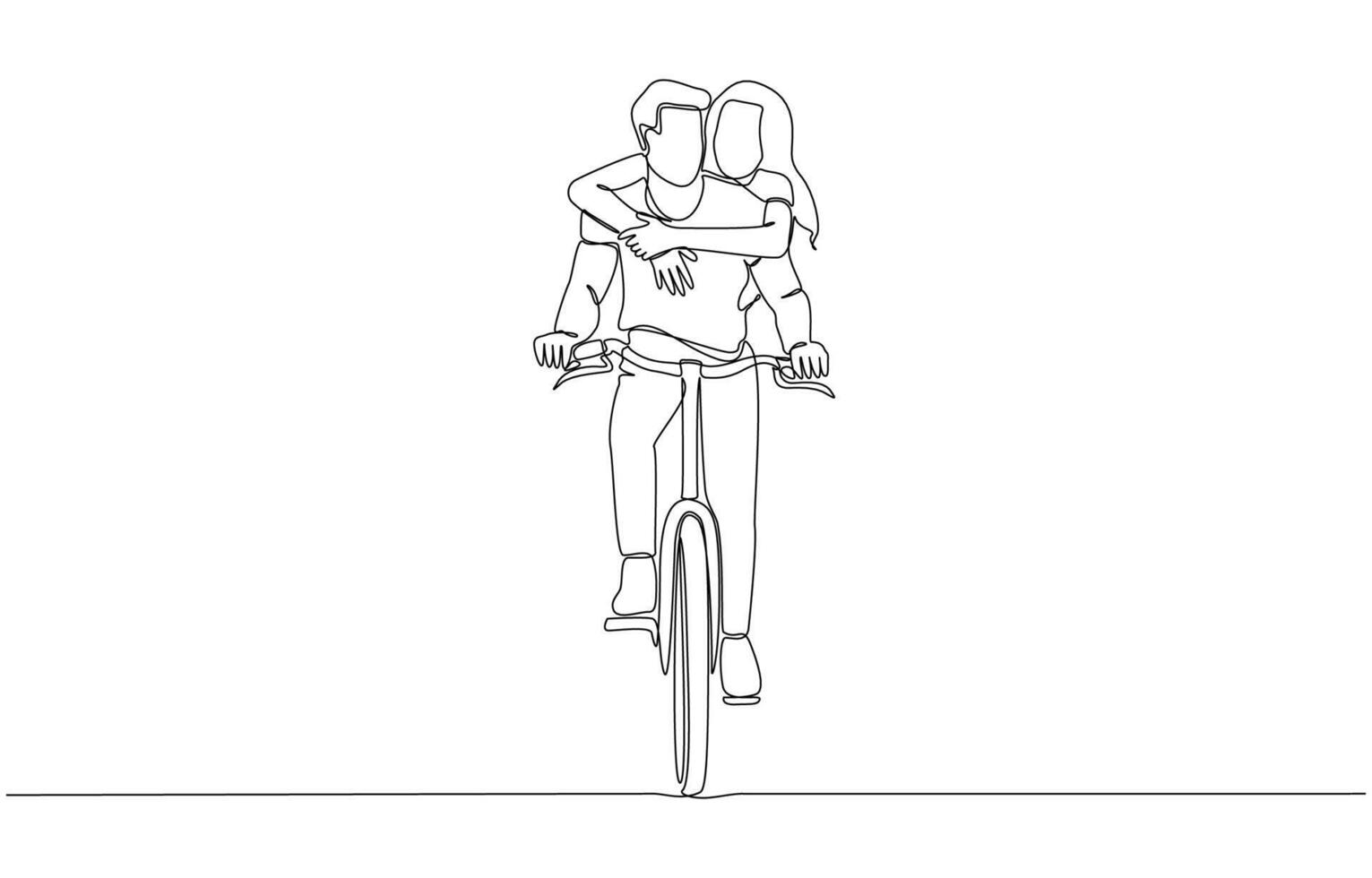 Continuous one line drawing of man riding bike with his girlfriend hugging from behind, couple in love concept, single line art vector