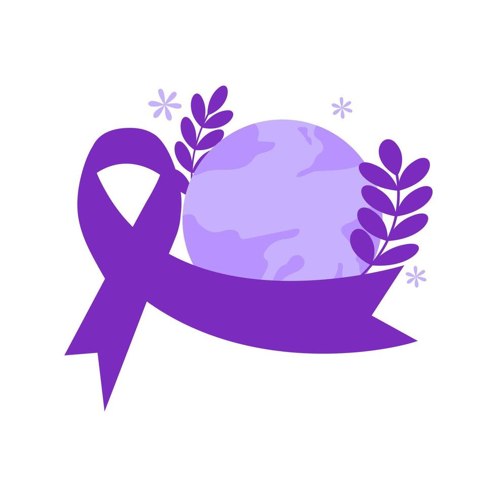 World Cancer Day Purple Ribbon With Abstract Leaves And Globe vector