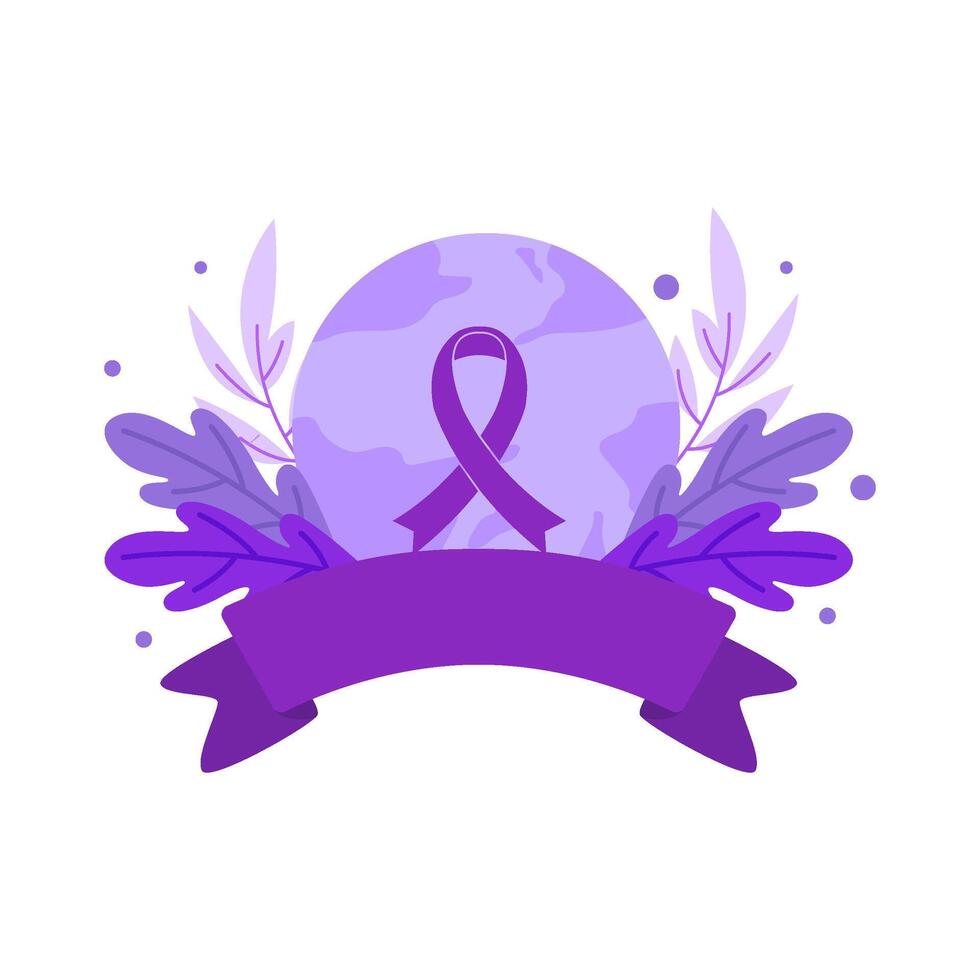World Cancer Day Decorative Purple Ribbon Badge With Leaves And Globe vector