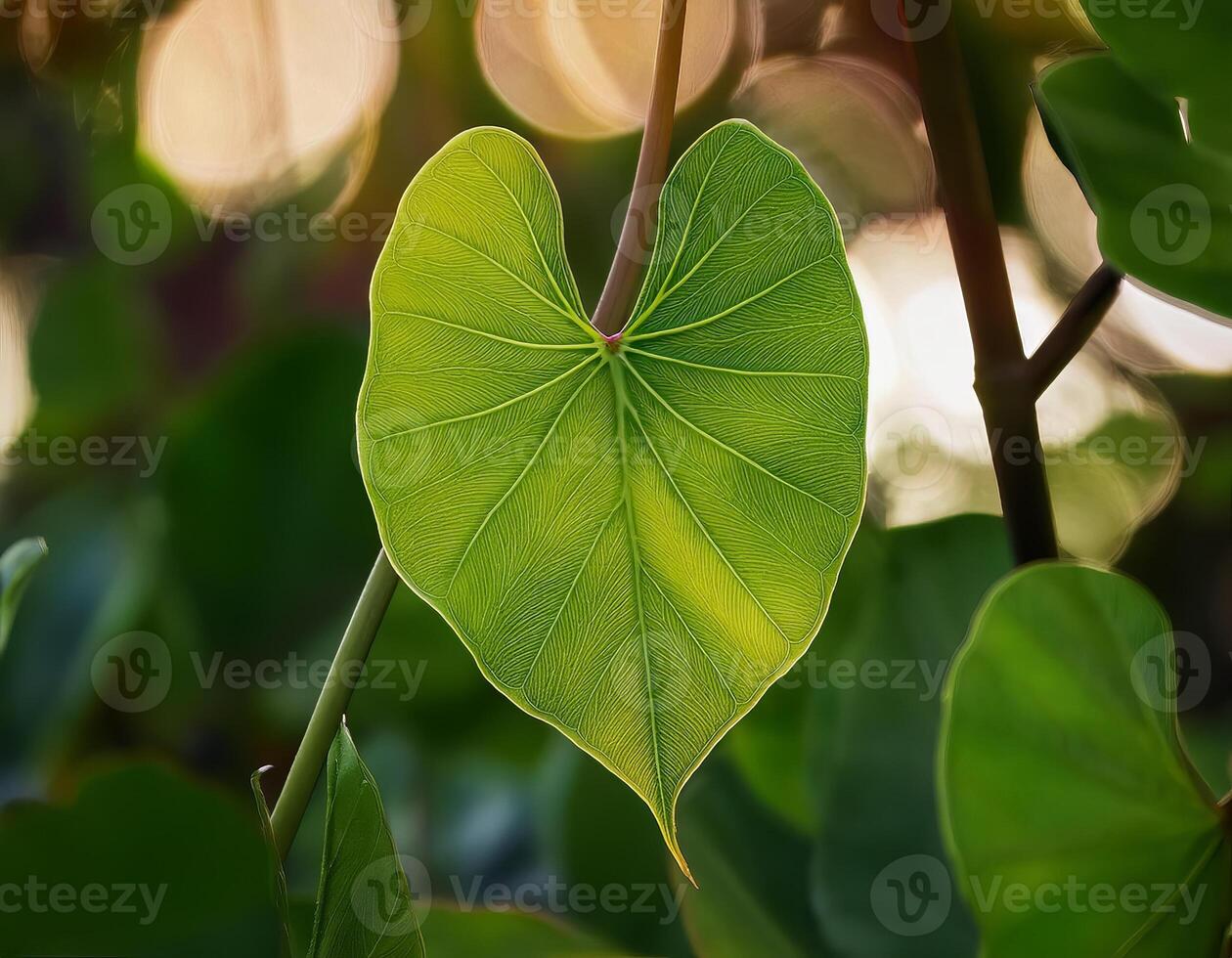 A close up of a vibrant green heart-shaped leaf with detailed veins, illuminated by soft sunlight, creating a serene and natural atmosphere photo