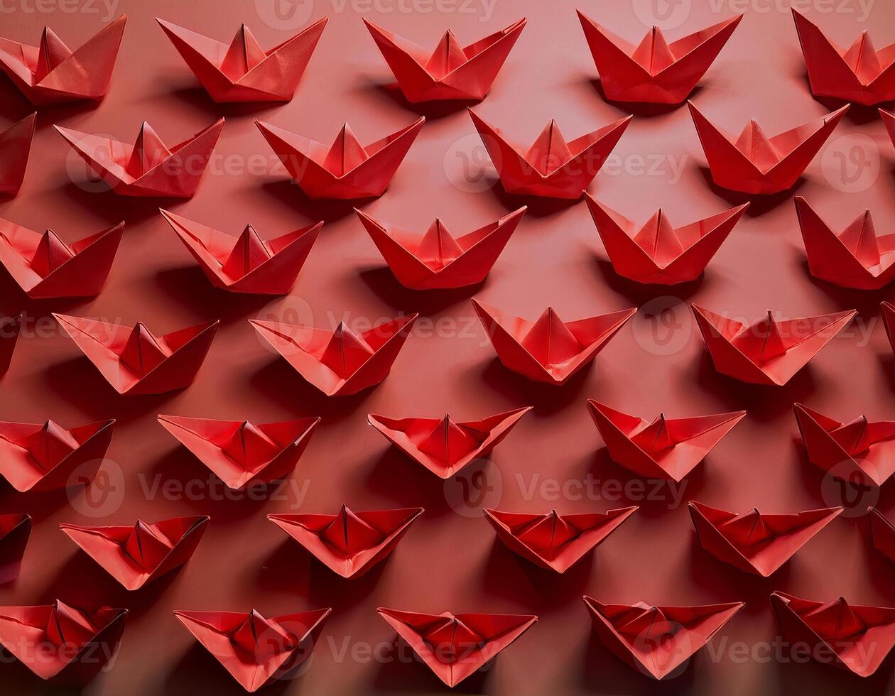 A collection of red origami boats arranged in a grid pattern on a vibrant red background, creating a visually striking and uniform artistic display photo