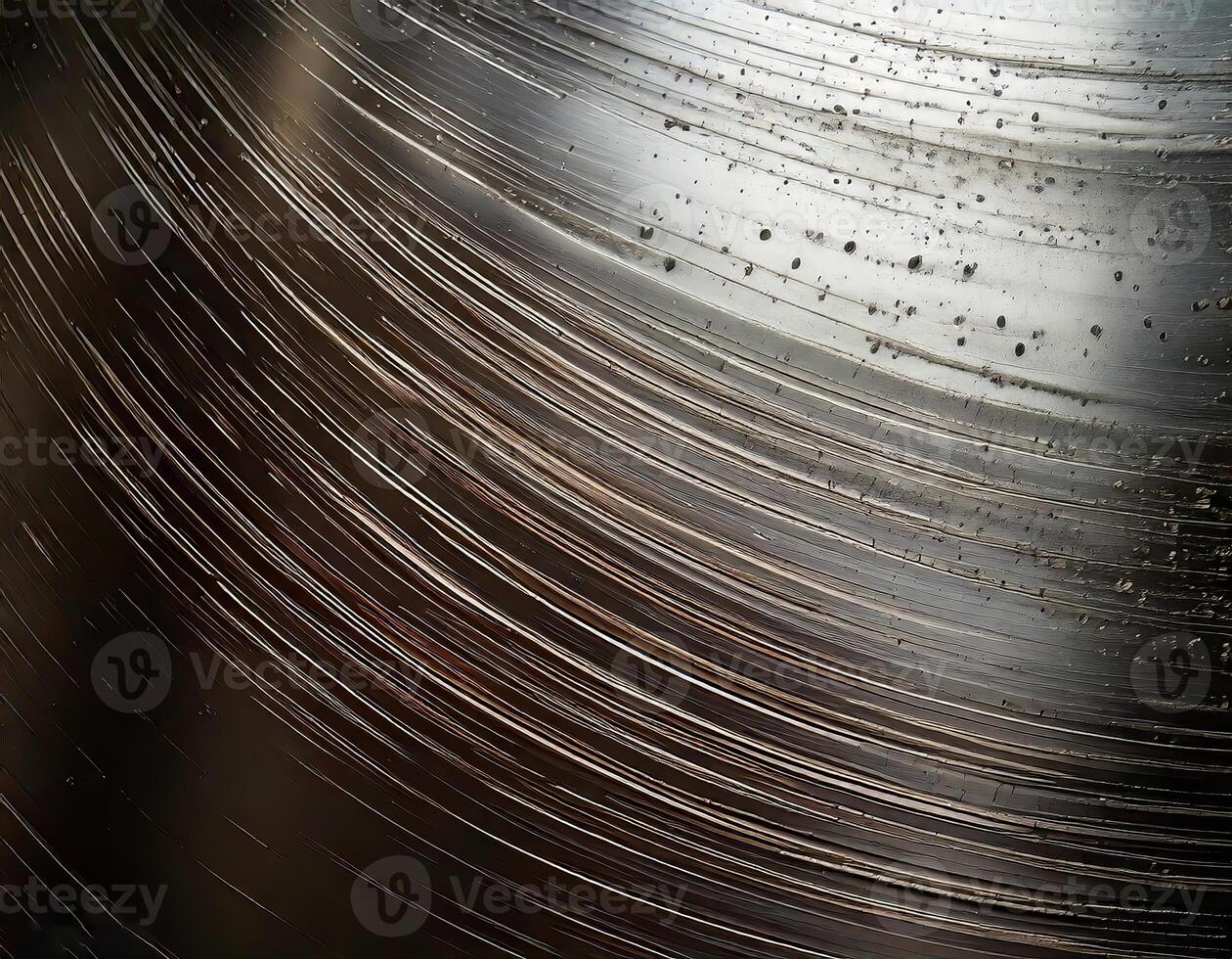 A close up of a scratched and weathered metal surface with circular patterns, perfect for industrial or abstract backgrounds photo