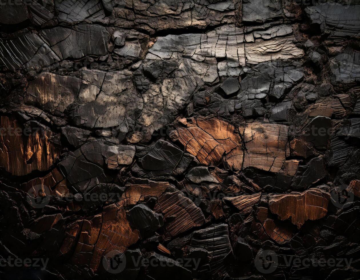 close up of charred wood texture with intricate cracks and burnt patterns, showcasing a mix of dark and brown hues, perfect for backgrounds or design elements photo