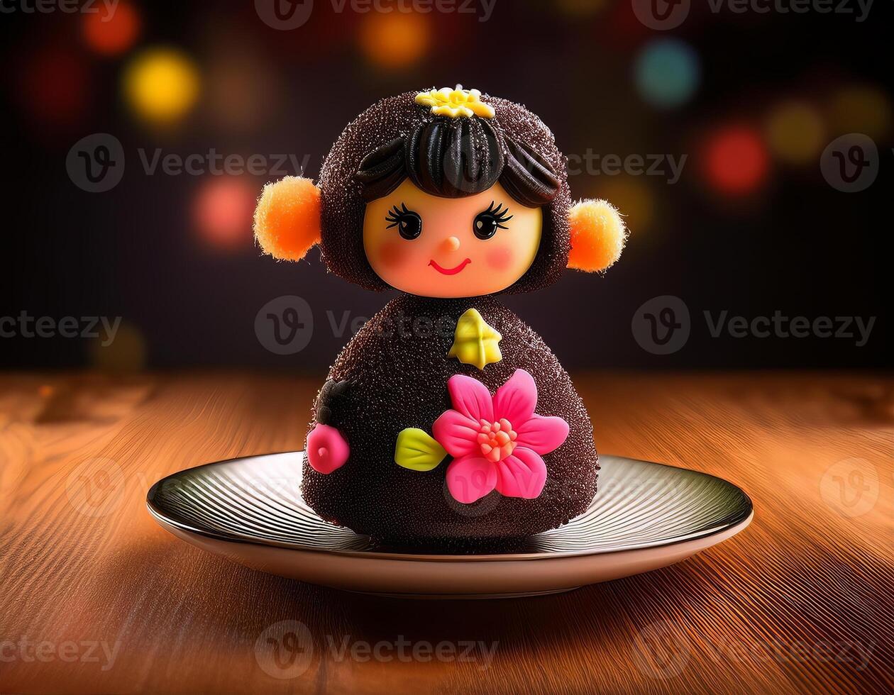 A beautifully crafted chocolate dessert shaped like a doll, adorned with colorful decorations, sits on a plate against a blurred, bokeh background photo