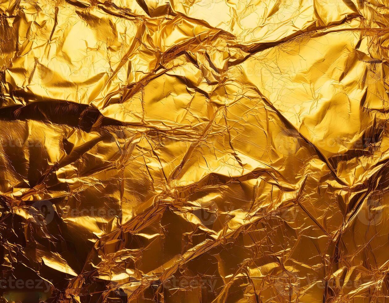 A vibrant, crumpled gold foil background with intricate textures and reflective surfaces, perfect for luxury themed designs, festive, or artistic projects photo