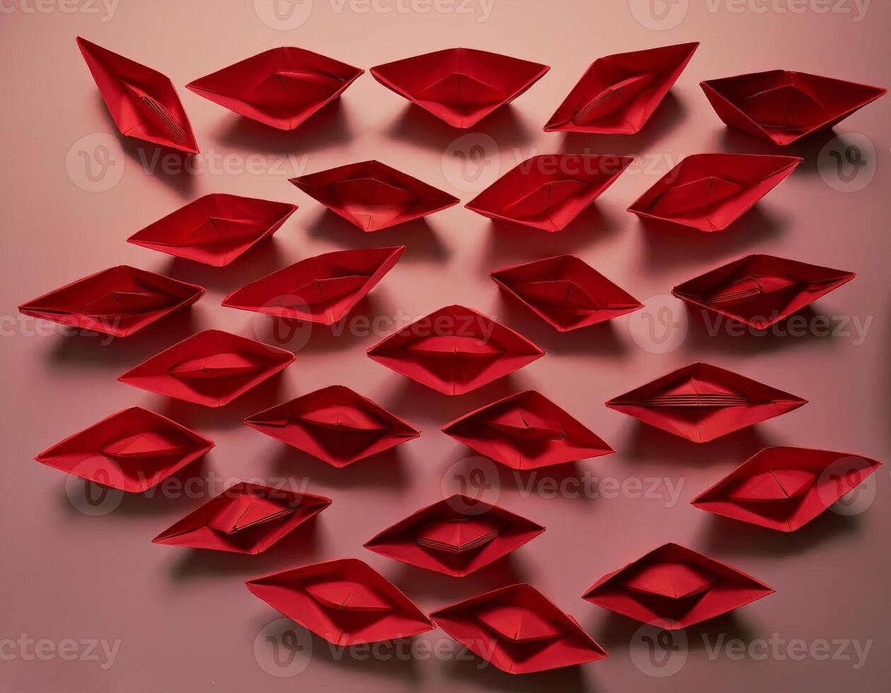 A collection of red origami boats arranged in a grid pattern on a pink background. The vibrant color and geometric arrangement create a visually striking and artistic composition photo