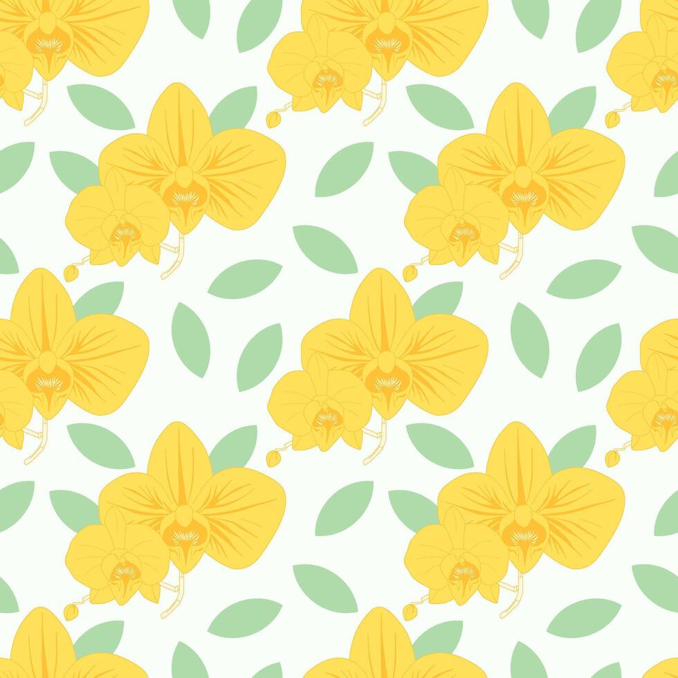 seamless pattern with flowers. Yellow orchids with green leaves. For botany pattern, cardboard, wallpaper. vector
