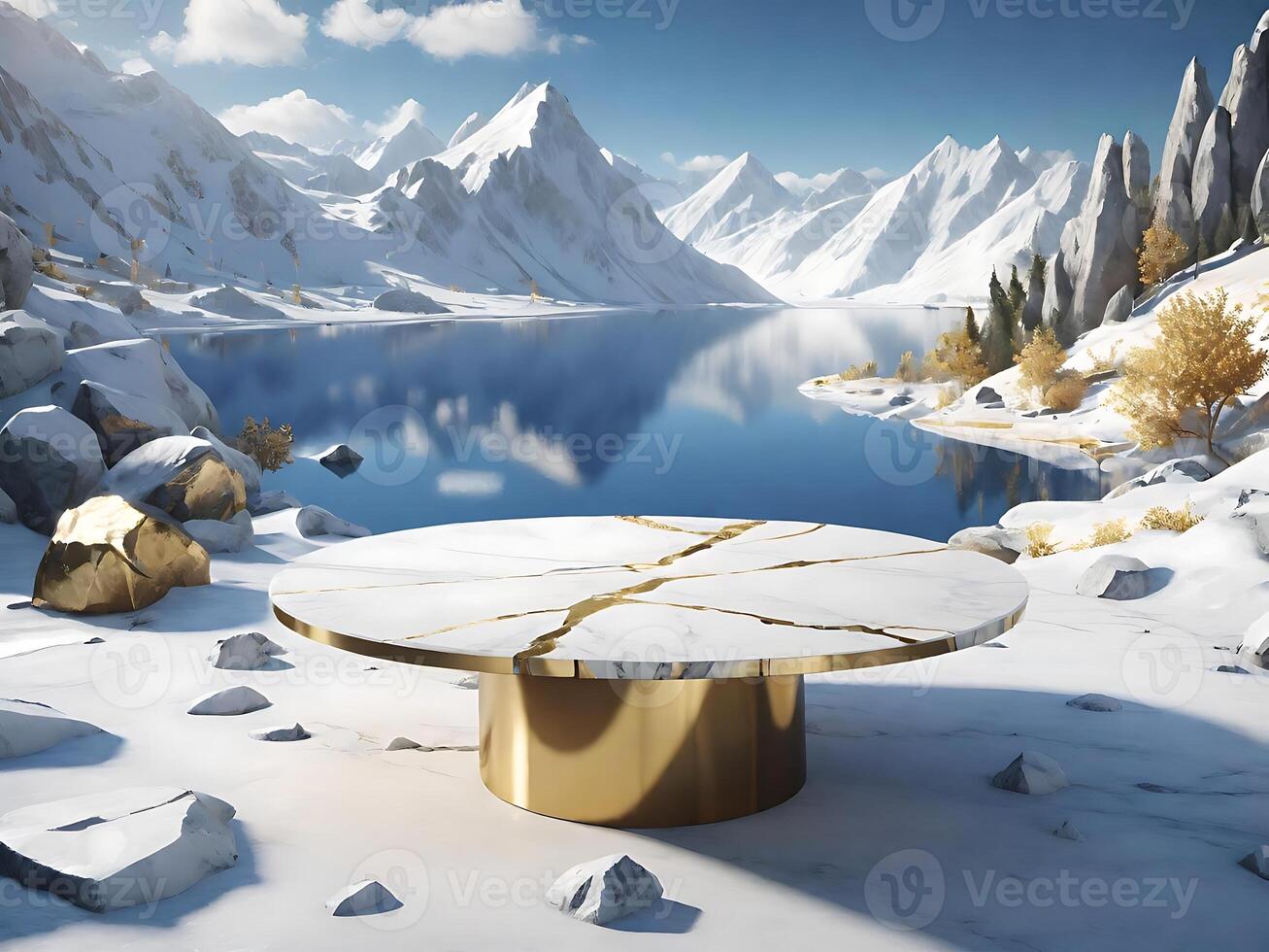 Snow Mountain Cold highland views Lakeside White Marble Table for Product Display photo