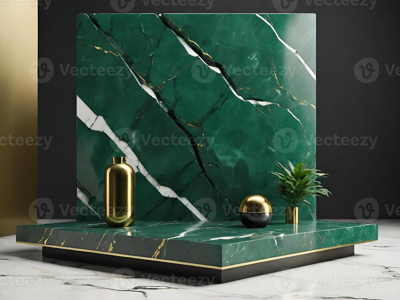 Green marble empty pedestal on nature marble background for displaying luxury background products. photo