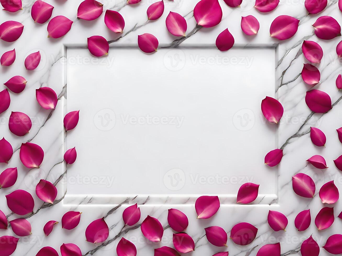 Pink rose petals on a luxurious white marble background for a copy space Valentine's Day background. photo