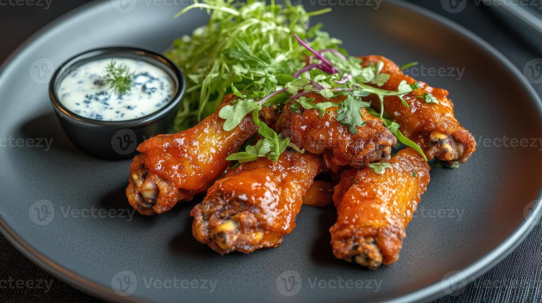 fried chicken wings with sauce and fresh arugula on black plate photo