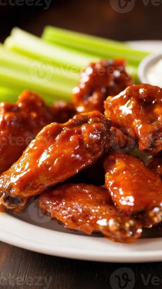 Hot and spicy chicken wings with celery and sauce on a plate photo
