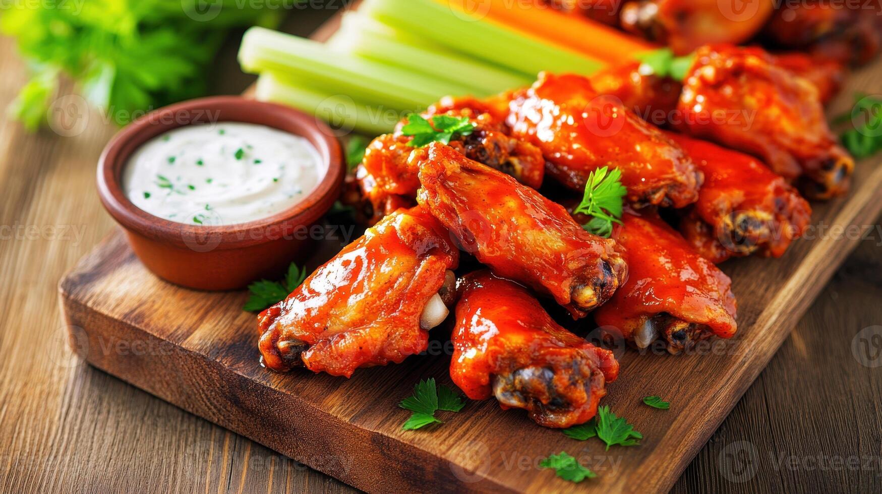 Buffalo chicken wings with celery and celery sticks on wooden board photo