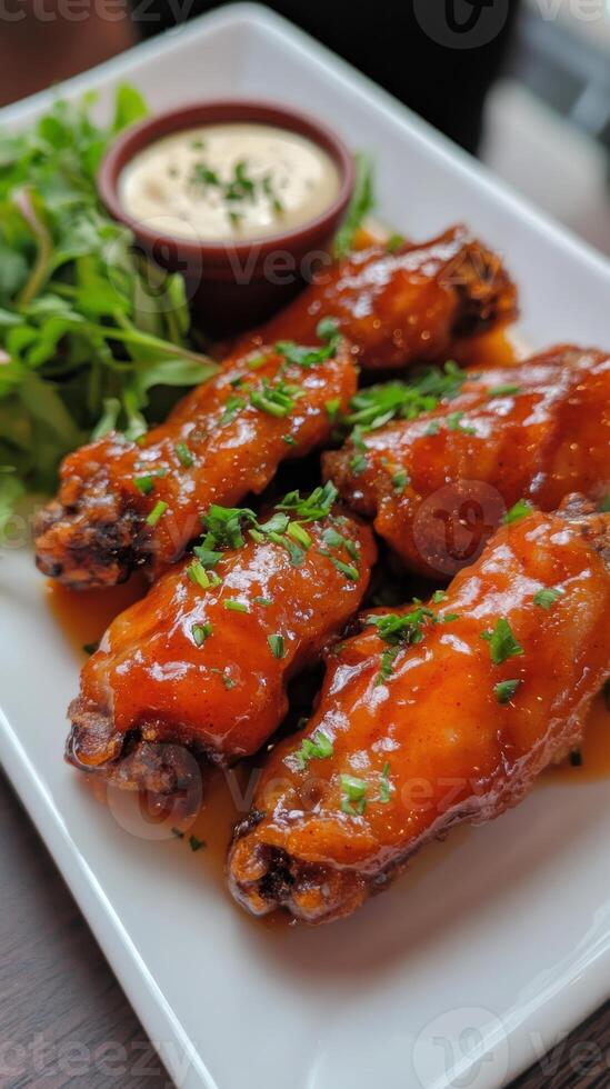 Baked chicken wings with sweet and sour sauce on a white plate photo