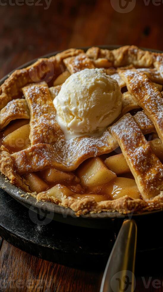 Apple pie with ice cream on a rustic background. Selective focus. photo