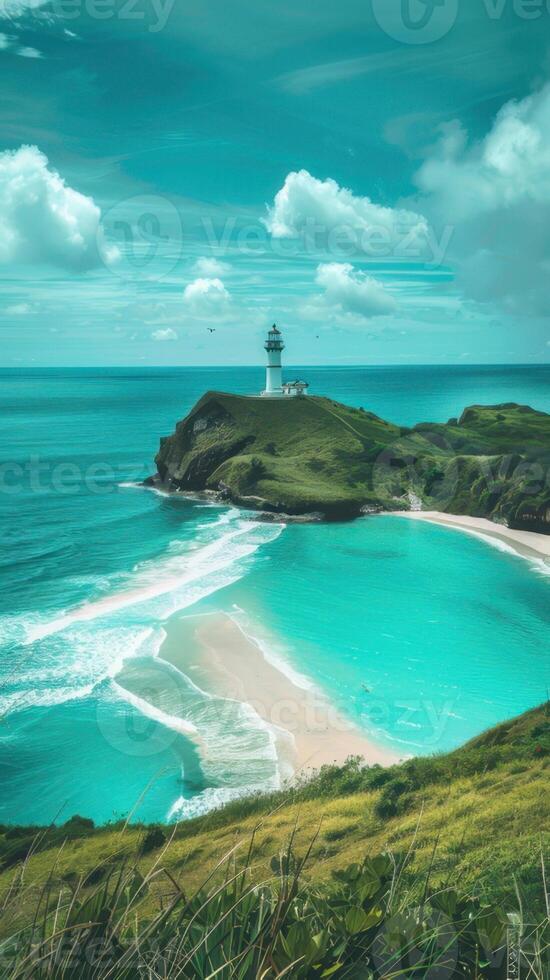 Panoramic view of the ocean with a lighthouse in the background photo