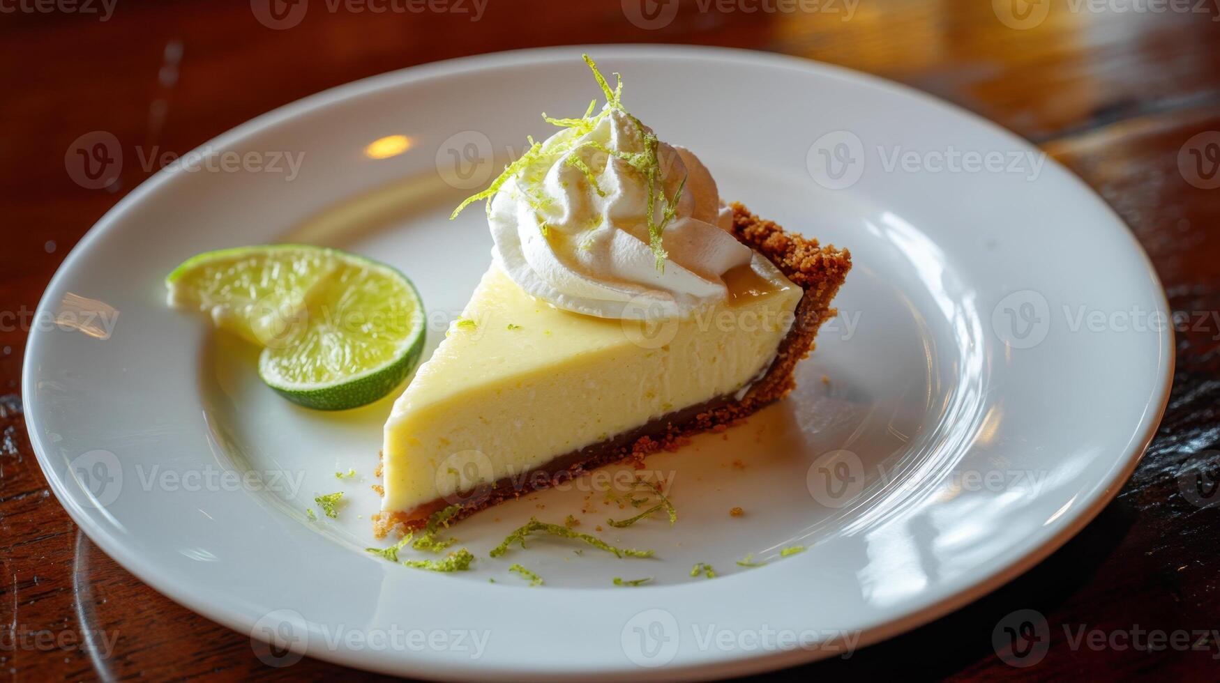 A slice of pie on a white plate with a lime wedge photo