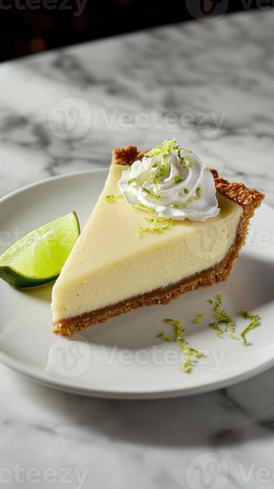 A slice of key lime pie on a white plate photo