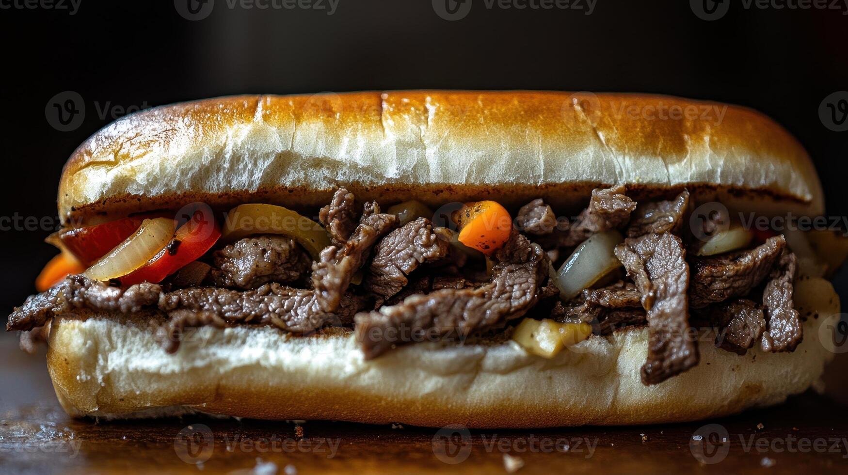Homemade hamburger with beef and vegetables on a dark background. Philly Cheesesteak photo