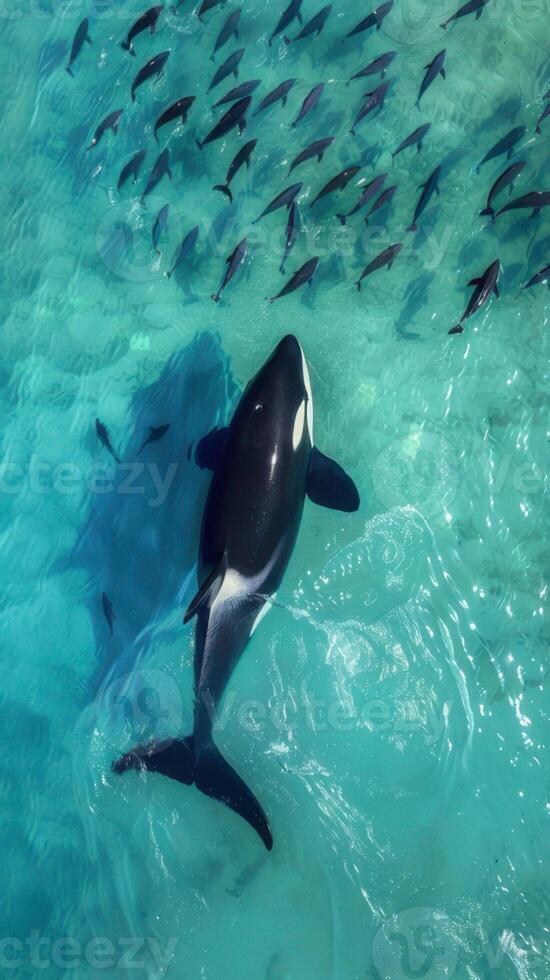 A large black and white whale swimming in the ocean photo