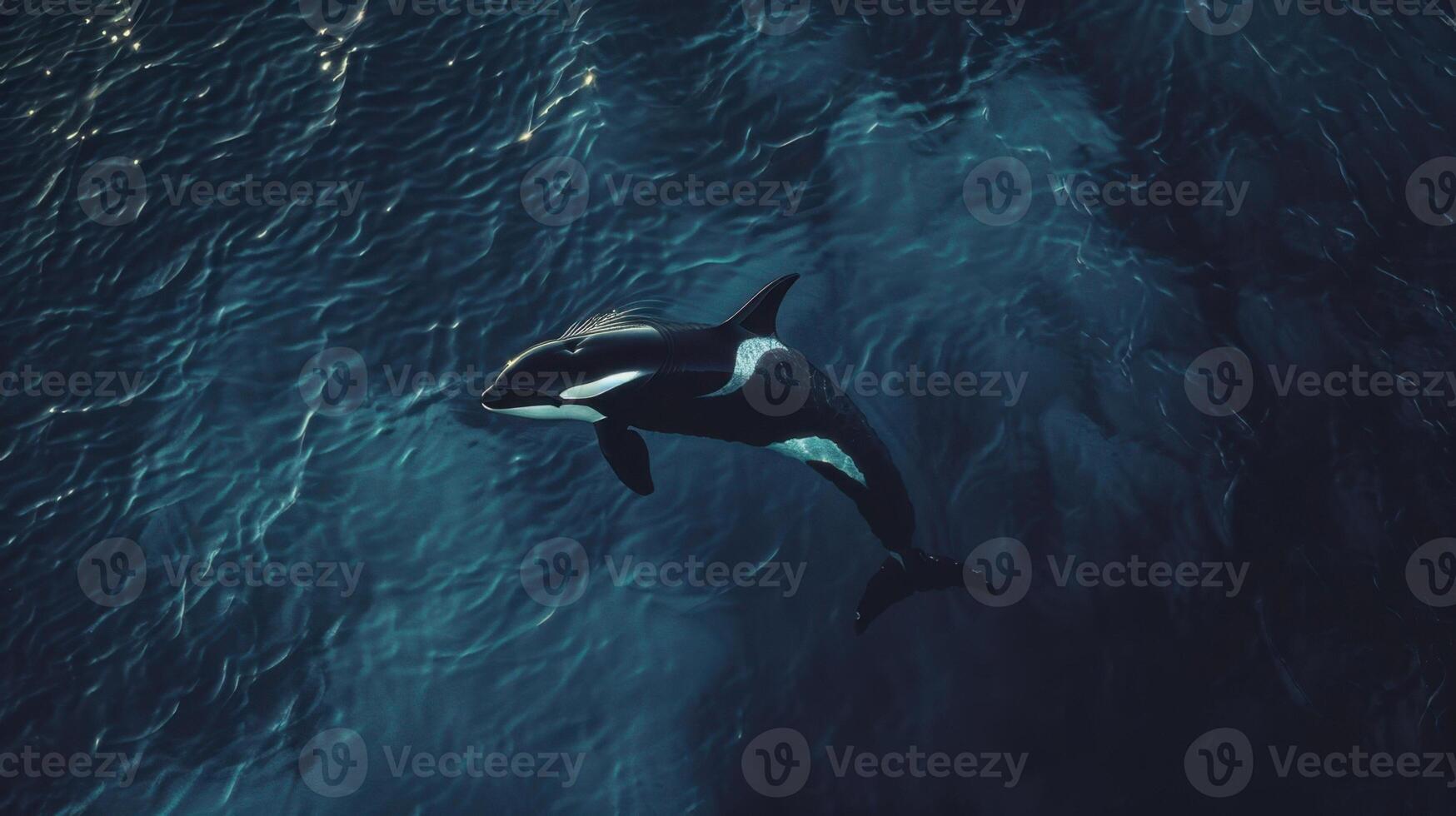 An orca whale is swimming in the ocean photo