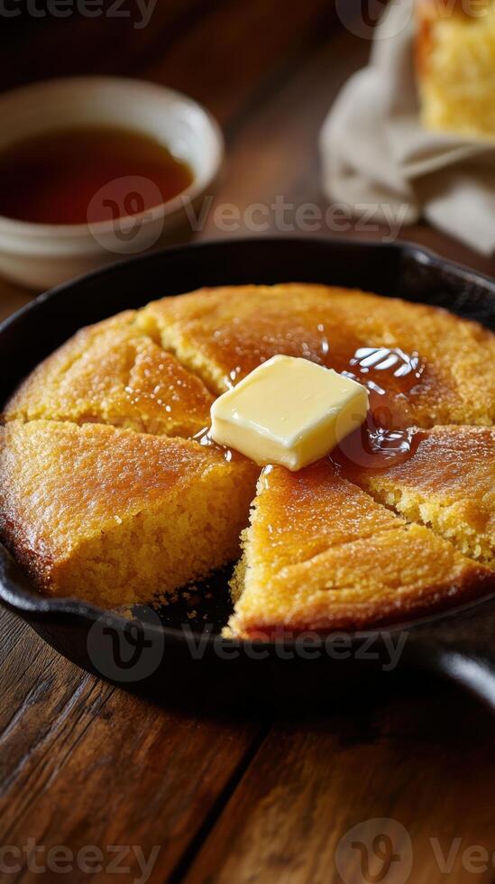 A skillet with cornbread and butter on a table photo