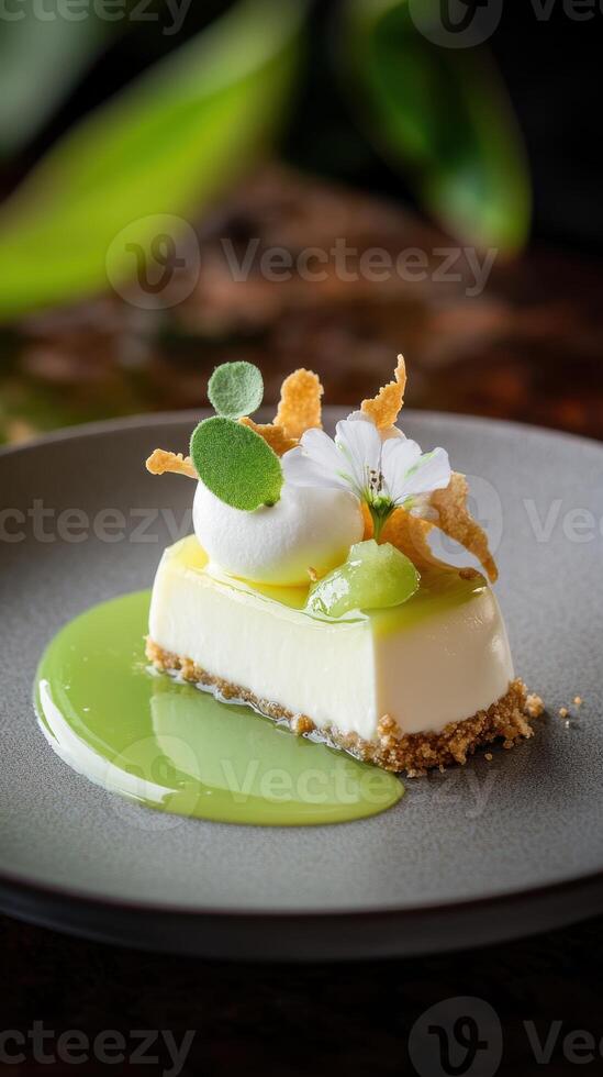 A dessert on a plate with green sauce photo