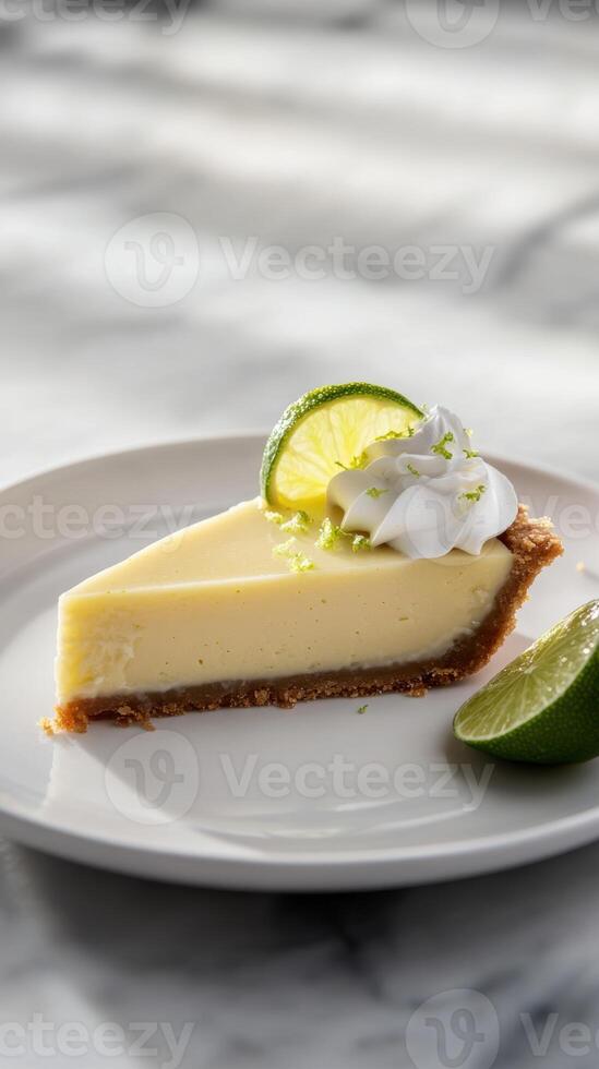 A slice of key lime pie on a white plate photo