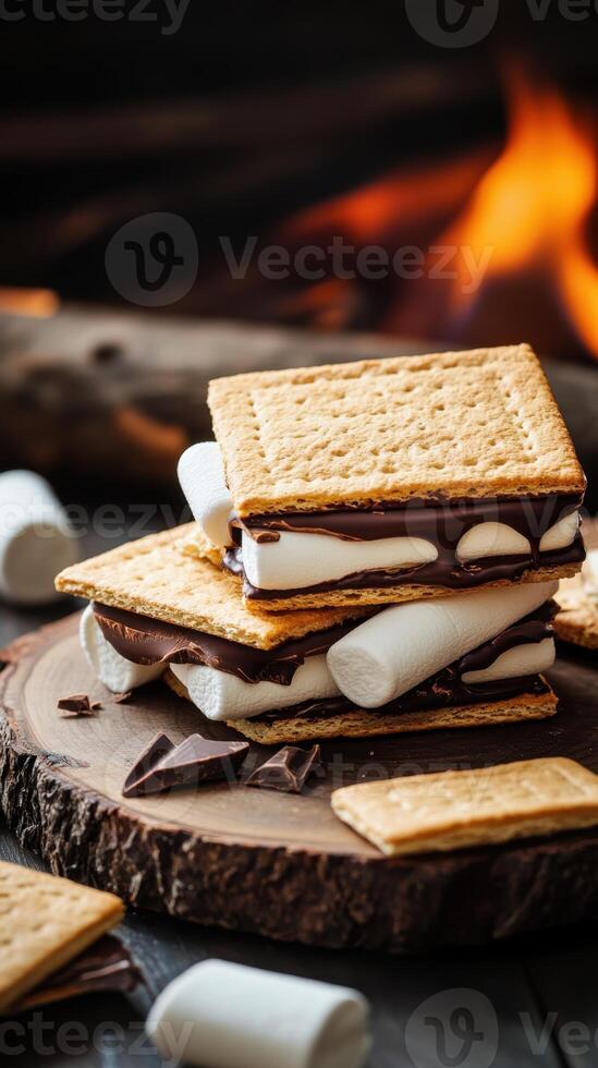 S'mores on a wooden board with a fire in the background photo