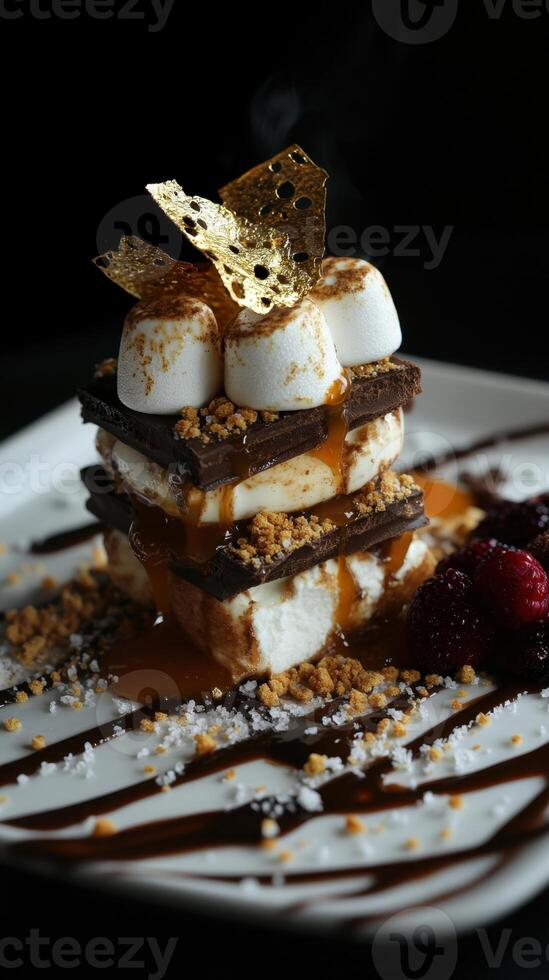 A dessert with marshmallows and chocolate on a plate photo