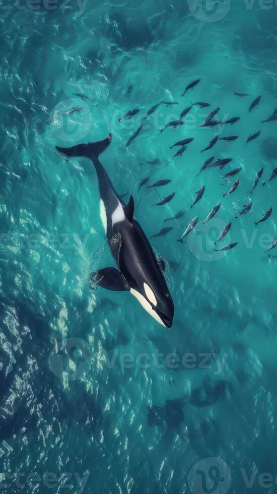 An orca whale swimming in the ocean with a group of fish photo