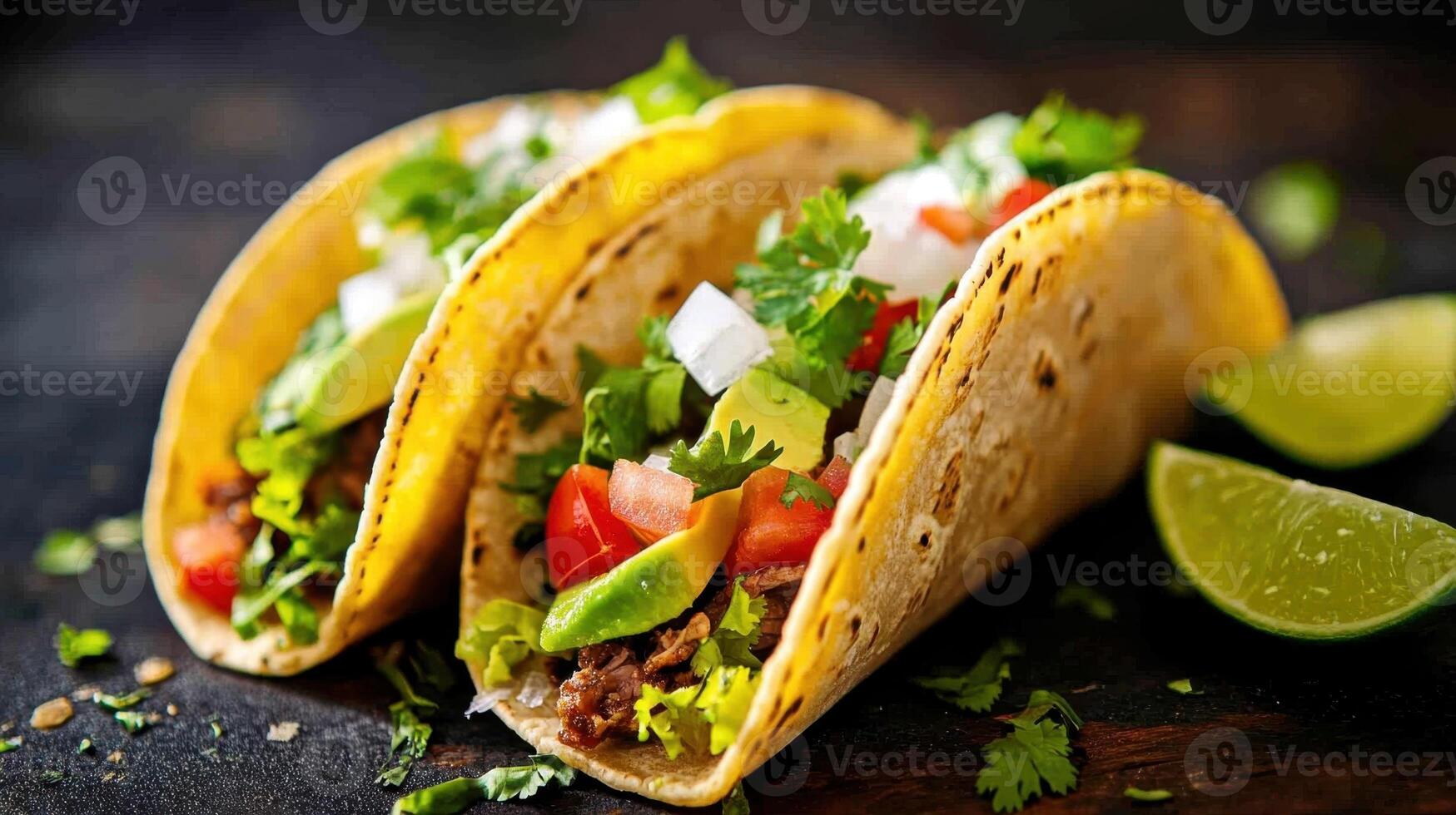 Mexican tacos with beef, tomato, onion and cheese on dark background photo